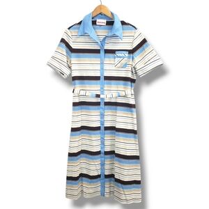 Vintage 70s 80s Checkaberry Striped Belted Button-up T-Shirt Dress 18